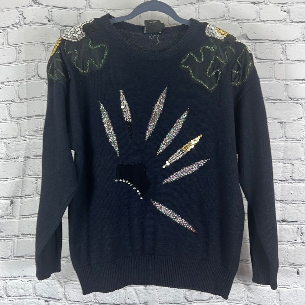 Vintage Pierre Cardin sweater sequins beaded patches navy blue size 40
